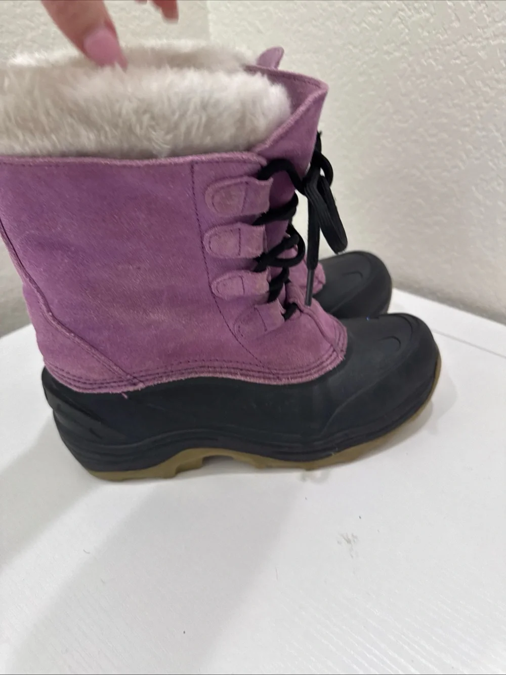 Lands’ End Girls Snow Boots Size 3 Purple Suede Faux Fur Winter Waterproof EU 34